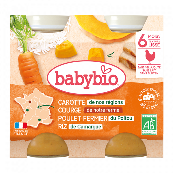 Babybio Petit pot de Carotte, Courge, Poulet fermier & Riz
